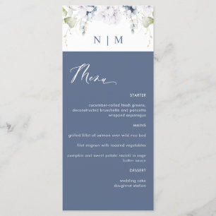 Elegant Navy and White Floral Wedding Menu
