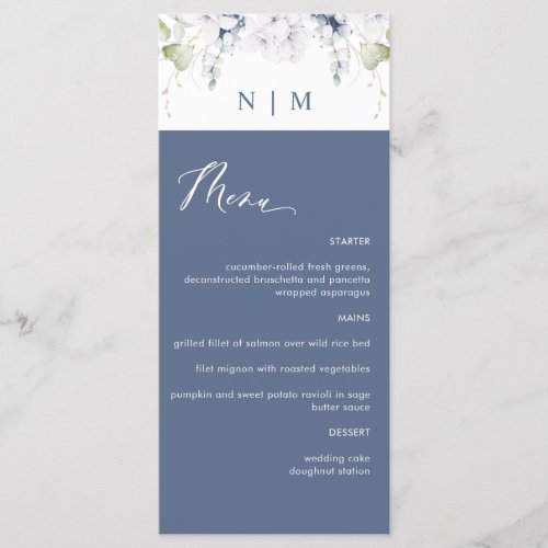 Elegant Navy and White Floral Wedding Menu