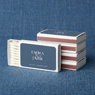 Elegant navy and white monogram names wedding matchboxes
