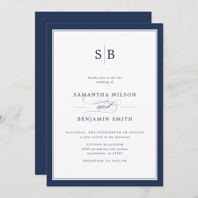 Elegant Navy And White Monogram Wedding Invitation (Front/Back)