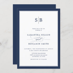 Elegant Navy And White Monogram Wedding Invitation
