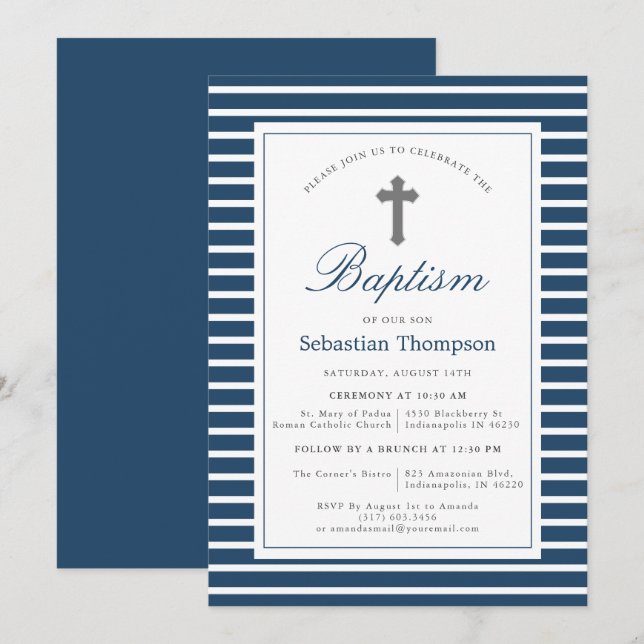 Elegant Navy and White Stripes Baptism Invitation (Front/Back)