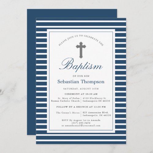 Elegant Navy and White Stripes Baptism Invitation