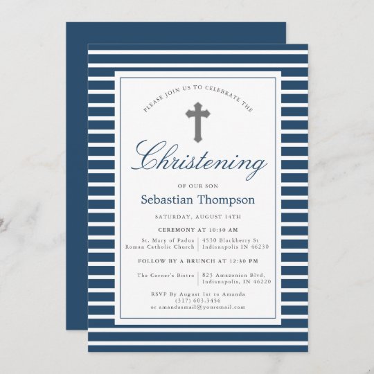 Elegant Navy and White Stripes Christening Invitation | Zazzle.com