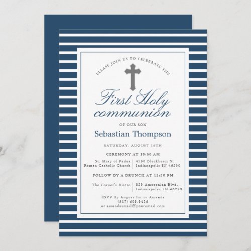 Elegant Navy and White Stripes First Communion Invitation