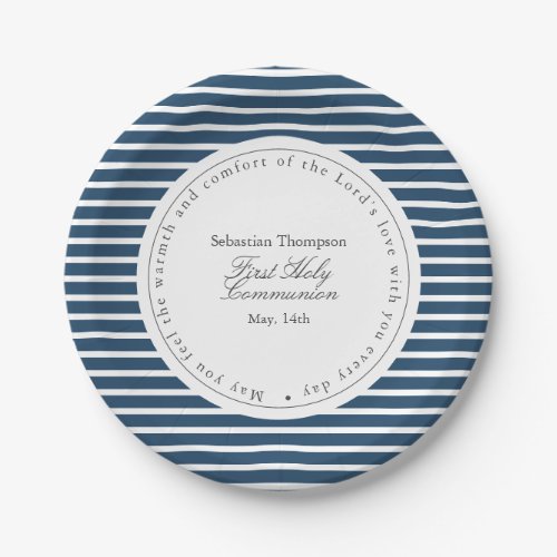 Elegant Navy and White Stripes First Communion Paper Plates