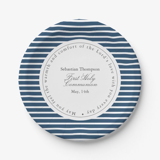 Elegant Navy and White Stripes First Communion Paper Plates (Front)