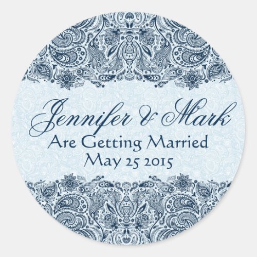Elegant Navy  Baby Blue Floral Paisley Lace Classic Round Sticker