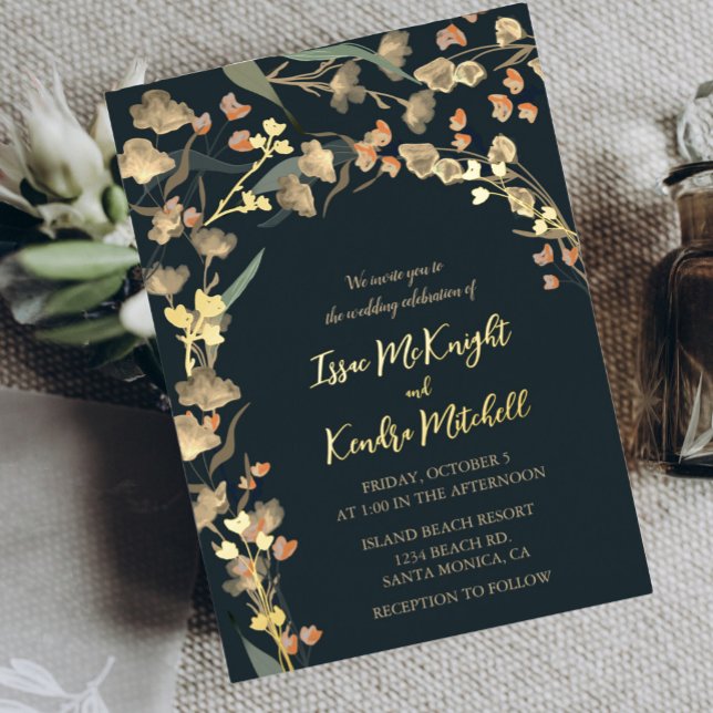Elegant Navy Beige Wildflower Botanical Wedding Foil Invitation (Creator Uploaded)