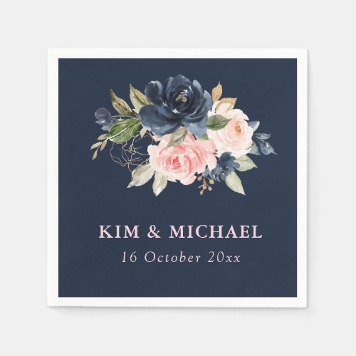 Elegant navy blossom pink floral  napkins