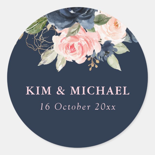 Elegant navy blossom pink floral wedding sticker (Front)