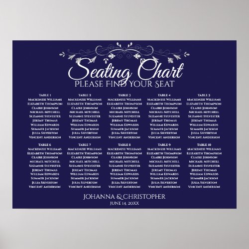 Elegant Navy Blue 10 Table Wedding Seating Chart