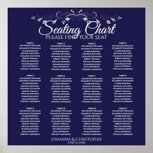 Elegant Navy Blue 12 Table Wedding Seating Chart