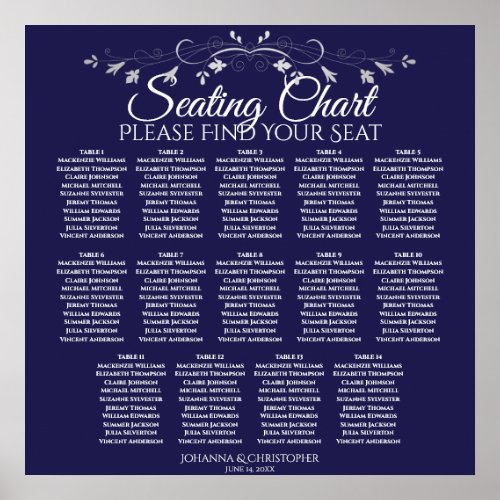 Elegant Navy Blue 14 Table Wedding Seating Chart