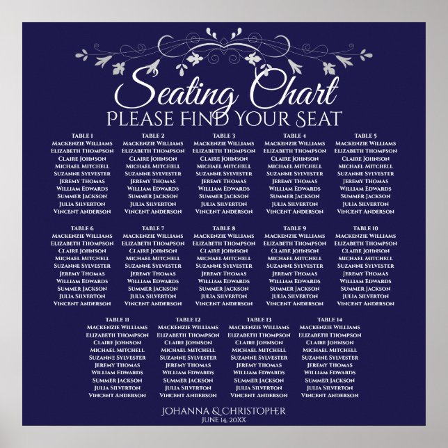 Elegant Navy Blue 14 Table Wedding Seating Chart (Front)