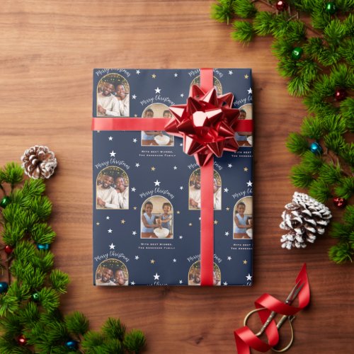 Elegant Navy Blue 2 Photo Arch Modern Christmas Wrapping Paper