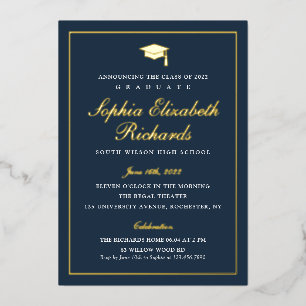 Elegant navy Blue 3 Photo Graduation  Foil Invitation