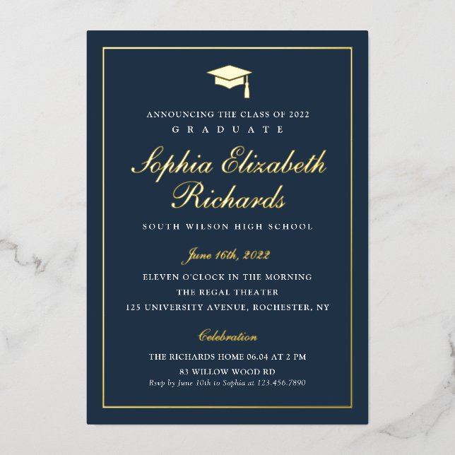 Elegant navy Blue 3 Photo Graduation  Foil Invitation (Front)