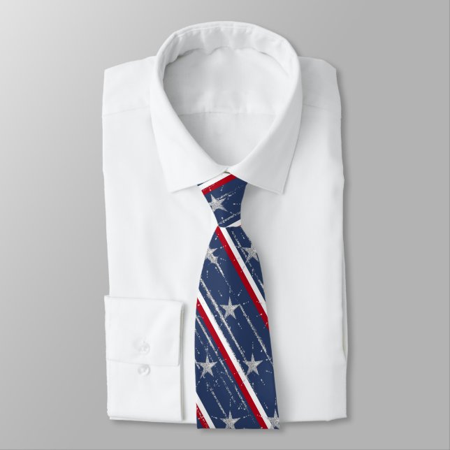 Elegant Navy Blue 4th of July Star Spangled Neck Tie (Tied)