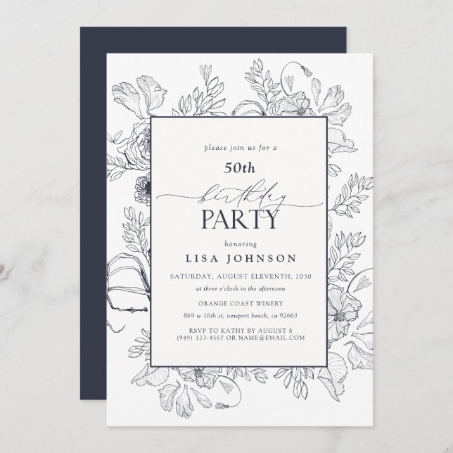 Elegant Navy Blue 50th Birthday Floral  Invitation (Front/Back)