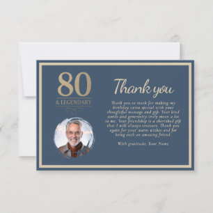 Elegant Navy Blue 80 & Legendary Birthday Photo Thank You Card