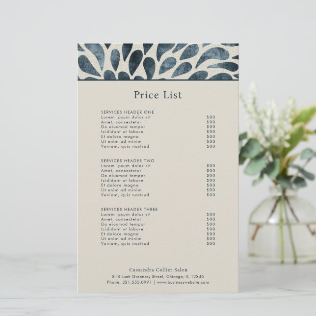 Elegant Navy Blue Abstract Modern Price List (Standing Front)