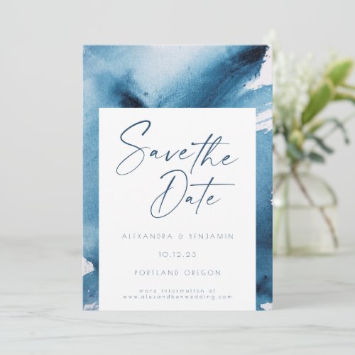 Elegant Navy Blue Abstract Watercolor Save The Date