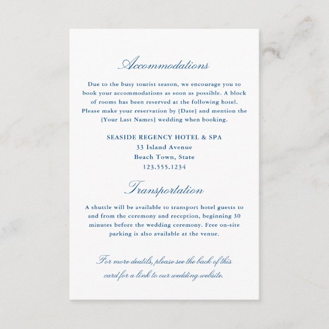 Elegant Navy Blue Accommodations Transportation QR Enclosure Card (Front)