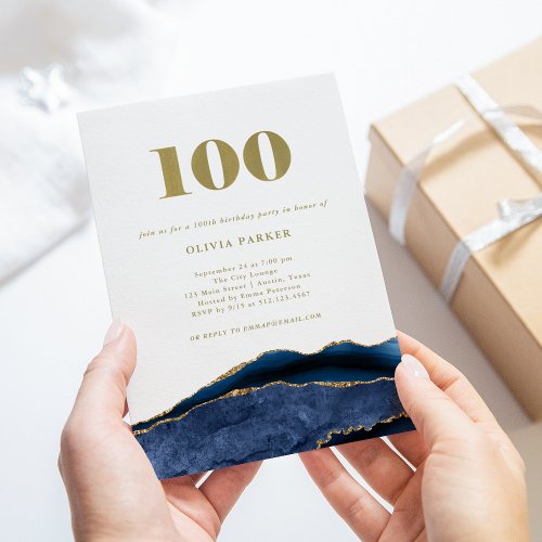 Elegant Navy Blue Agate and Gold  100th Birthday Invitation