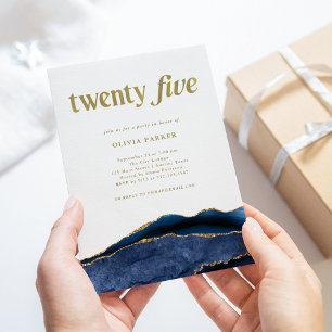 Elegant Navy Blue Agate and Gold 25th Birthday Invitation
