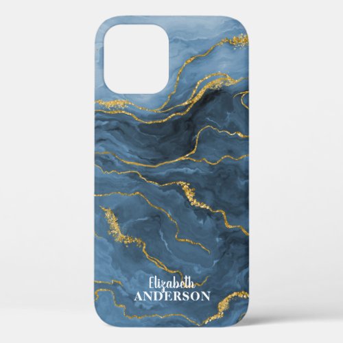 Elegant Navy Blue Agate Geode Marble Monogram iPhone 12 Case