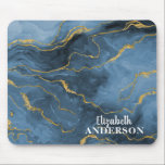 Elegant Navy Blue Agate Geode Marble Monogram Name Mouse Pad<br><div class="desc">A pretty square navy blue and gold marble mouse pad personalized with your name in a script font for the first name and a sans serif font for the last name. Has an elegant and chic style navy blue and gold agate marble background. Makes an elegant and stylish addition to...</div>