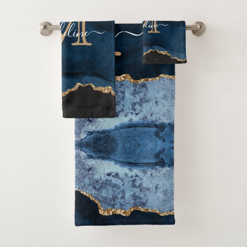 Elegant Navy Blue Agate Geode Modern Monogram Bath Towel Set
