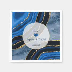 Elegant Navy Blue Agate Gold Marble Wedding Napkins