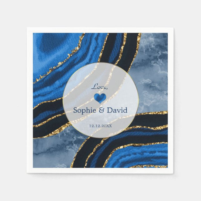 Elegant Navy Blue Agate Gold Marble Wedding Napkins (Front)