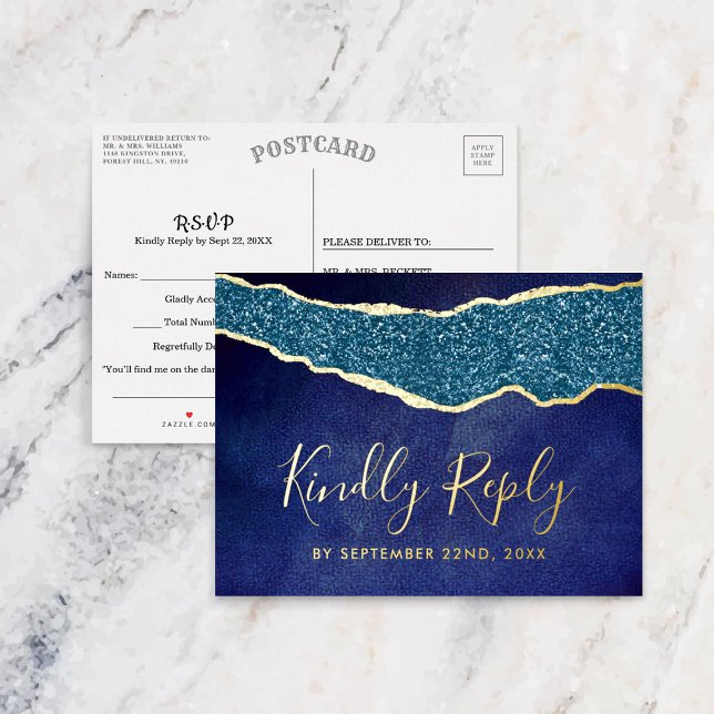 Elegant Navy Blue Agate Wedding RSVP Real Foil Invitation Postcard (Creator Uploaded)