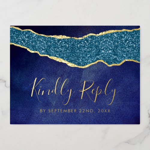 Elegant Navy Blue Agate Wedding RSVP Real Foil Invitation Postcard