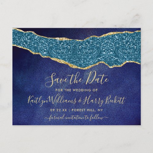Elegant Navy Blue Agate Wedding Save The Date Announcement Postcard
