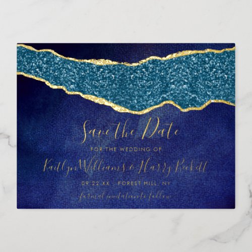 Elegant Navy Blue Agate Wedding Save The Date Real Foil Invitation Postcard