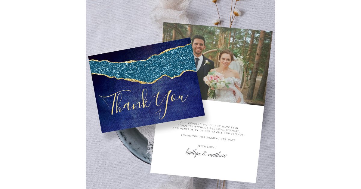 Elegant Navy Blue Agate Wedding Thank You Card | Zazzle
