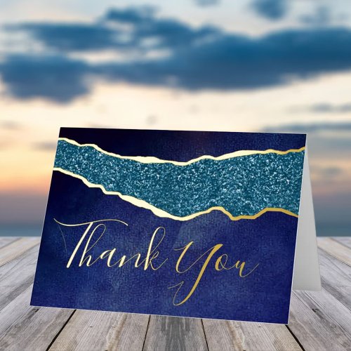 Elegant Navy Blue Agate Wedding Thank You Real Foil Greeting Card