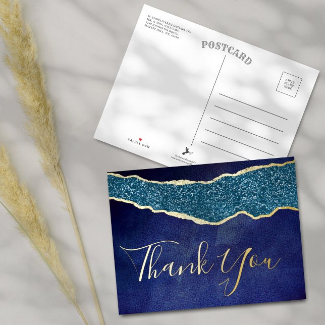 Elegant Navy Blue Agate Wedding Thank You Real Foil Invitation Postcard (Creator Uploaded)