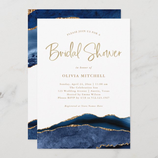 Elegant Navy Blue Agate with Gold | Bridal Shower Invitation (Front/Back)
