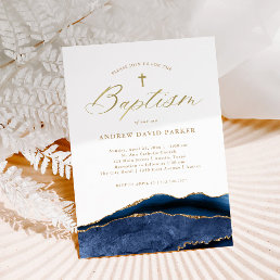 Elegant Navy Blue Agate with Gold Cross | Baptism Invitation