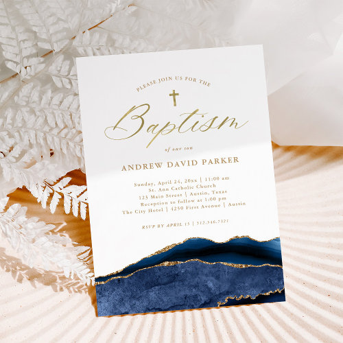 Elegant Navy Blue Agate with Gold Cross  Baptism Invitation