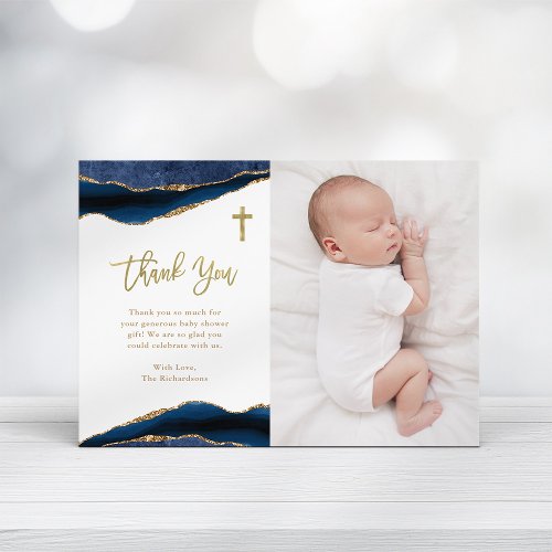 Elegant Navy Blue Agate with Photo  Baptism Thank You Card