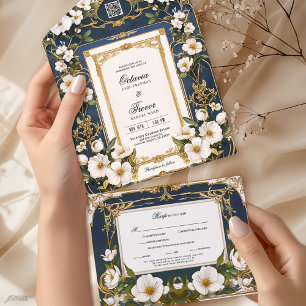 Elegant Navy Blue All In One Wedding Invitation