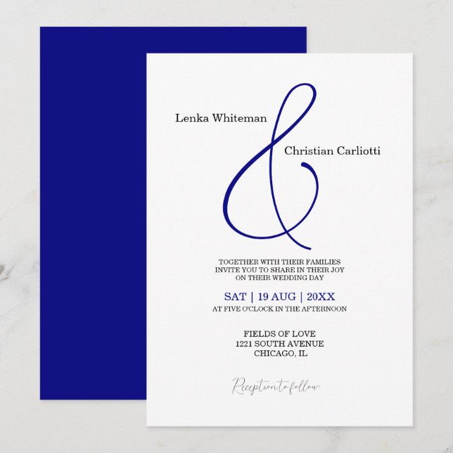 Elegant Navy Blue Ampersand wedding invitation (Front/Back)