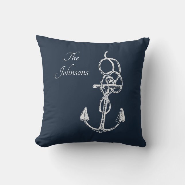 Elegant Navy Blue Anchor Custom Family Name Throw Pillow (Front)