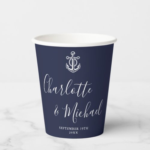 Elegant Navy Blue Anchor Nautical Wedding Paper Cups
